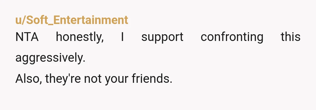 u/Soft_Entertainment
NTA honestly, I support confronting this aggressively.
Also, they're not your friends.