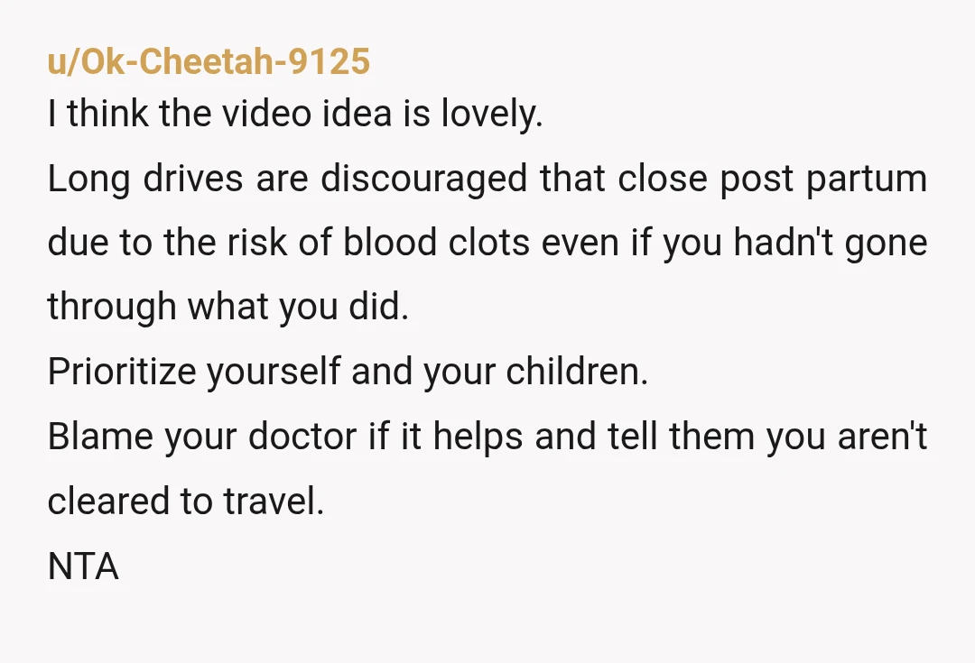 u/Ok-Cheetah-9125 I think the video idea is lovely. Long drives are discouraged that close post partum due to the risk of blood clots even if you hadn't gone through what...