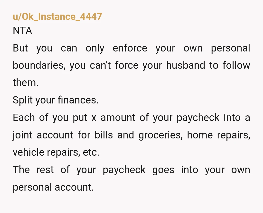 u/Ok_Instance_4447 NTA But you can only enforce your own personal boundaries, you can't force your husband to follow them. Split your finances. Each of you put x amount of your...