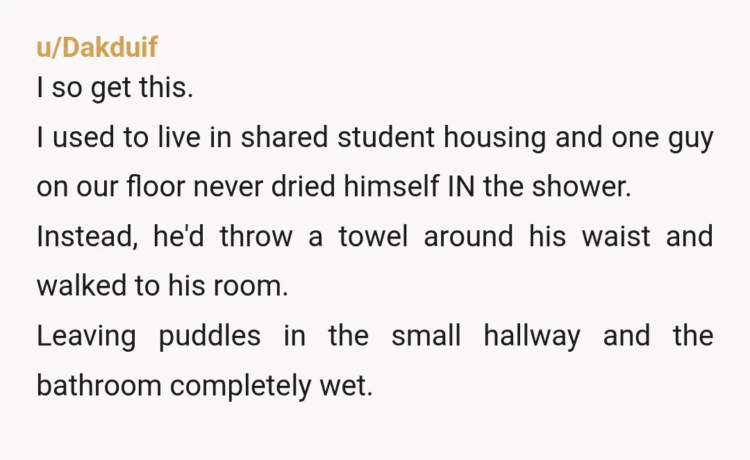 u/Dakduif I so get this. I used to live in shared student housing and one guy on our floor never dried himself IN the shower. Instead, he'd throw a towel...