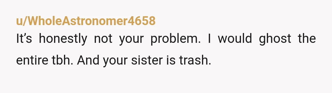 u/WholeAstronomer4658
It’s honestly not your problem. I would ghost the entire tbh. And your sister is trash.