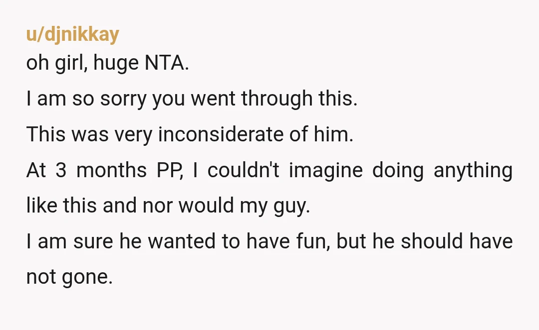 u/djnikkay oh girl, huge NTA. I am so sorry you went through this. This was very inconsiderate of him. At 3 months PP, I couldn't imagine doing anything like this...