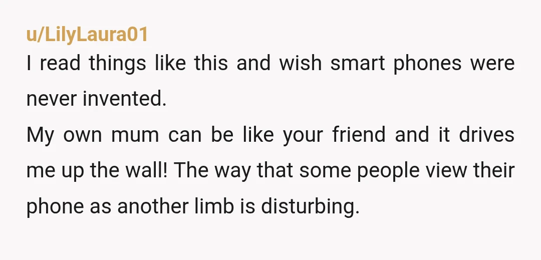 u/LilyLaura01 I read things like this and wish smart phones were never invented. My own mum can be like your friend and it drives me up the wall! The way...