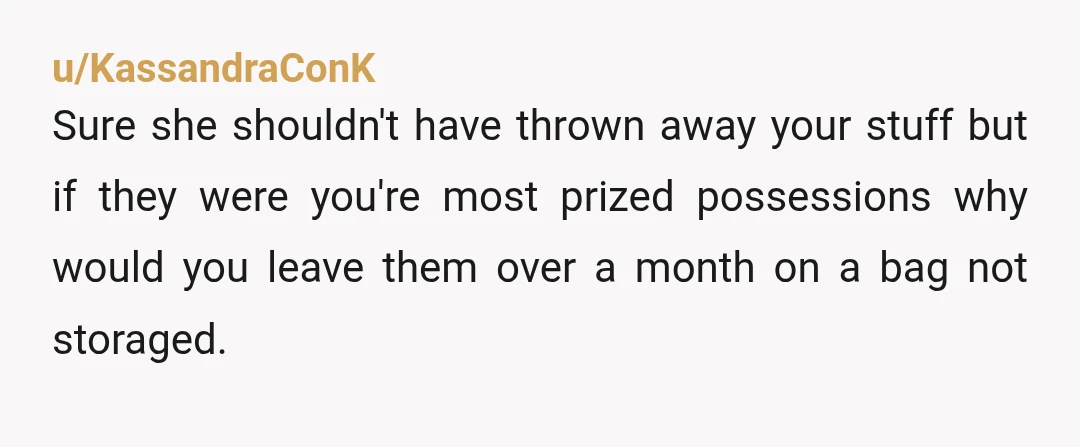u/KassandraConK
Sure she shouldn't have thrown away your stuff but if they were you're most prized possessions why would you leave them over a month on a bag not storaged.