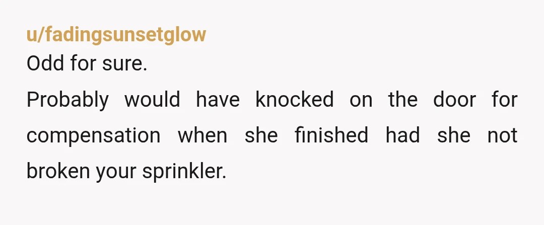 u/fadingsunsetglow
Odd for sure.
Probably would have knocked on the door for compensation when she finished had she not broken your sprinkler.