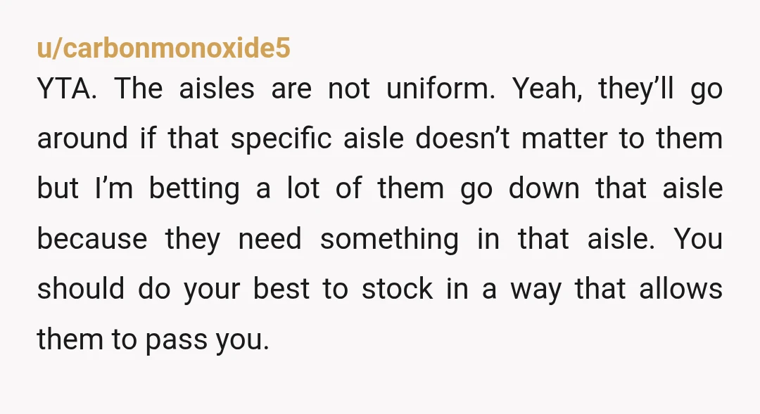 u/carbonmonoxide5 YTA. The aisles are not uniform. Yeah, they’ll go around if that specific aisle doesn’t matter to them but I’m betting a lot of them go down that aisle...