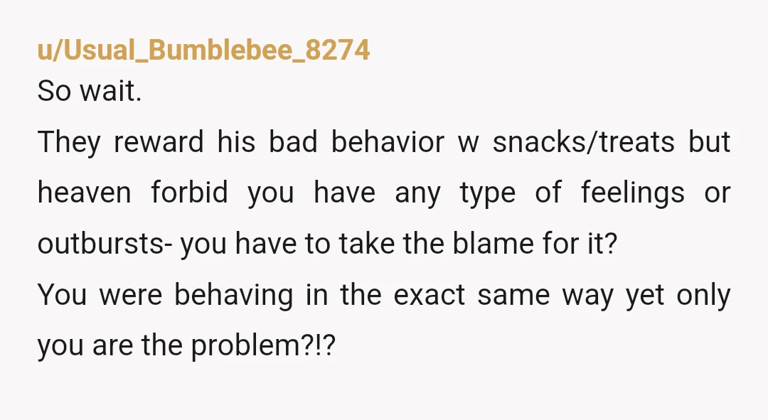 u/Usual_Bumblebee_8274 So wait. They reward his bad behavior w snacks/treats but heaven forbid you have any type of feelings or outbursts- you have to take the blame for it? You...