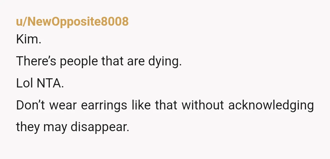 u/NewOpposite8008
Kim.
There’s people that are dying.
Lol NTA.
Don’t wear earrings like that without acknowledging they may disappear.