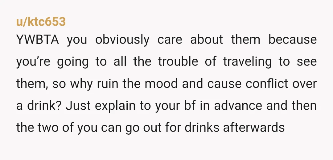 u/ktc653 YWBTA you obviously care about them because you’re going to all the trouble of traveling to see them, so why ruin the mood and cause conflict over a drink?...