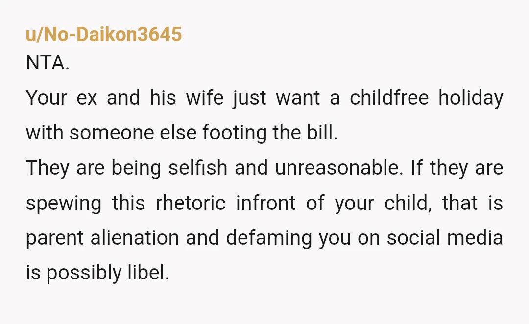 u/No-Daikon3645 NTA. Your ex and his wife just want a childfree holiday with someone else footing the bill. They are being selfish and unreasonable. If they are spewing this rhetoric...