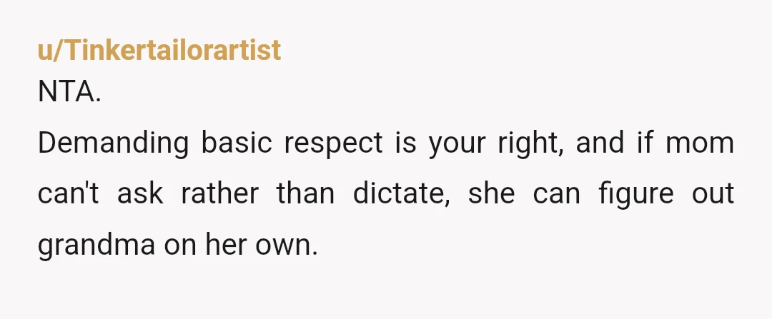 u/Tinkertailorartist
NTA.
Demanding basic respect is your right, and if mom can't ask rather than dictate, she can figure out grandma on her own.