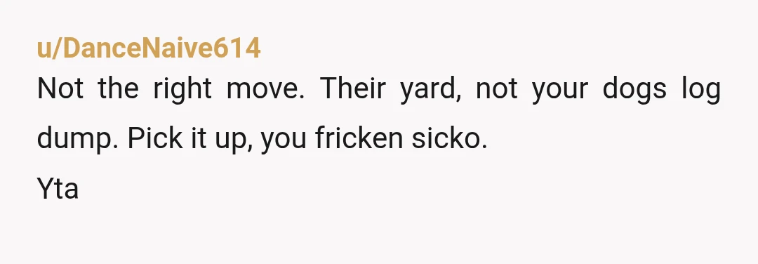 u/DanceNaive614
Not the right move.  Their yard, not your dogs log dump.  Pick it up, you fricken sicko.
Yta