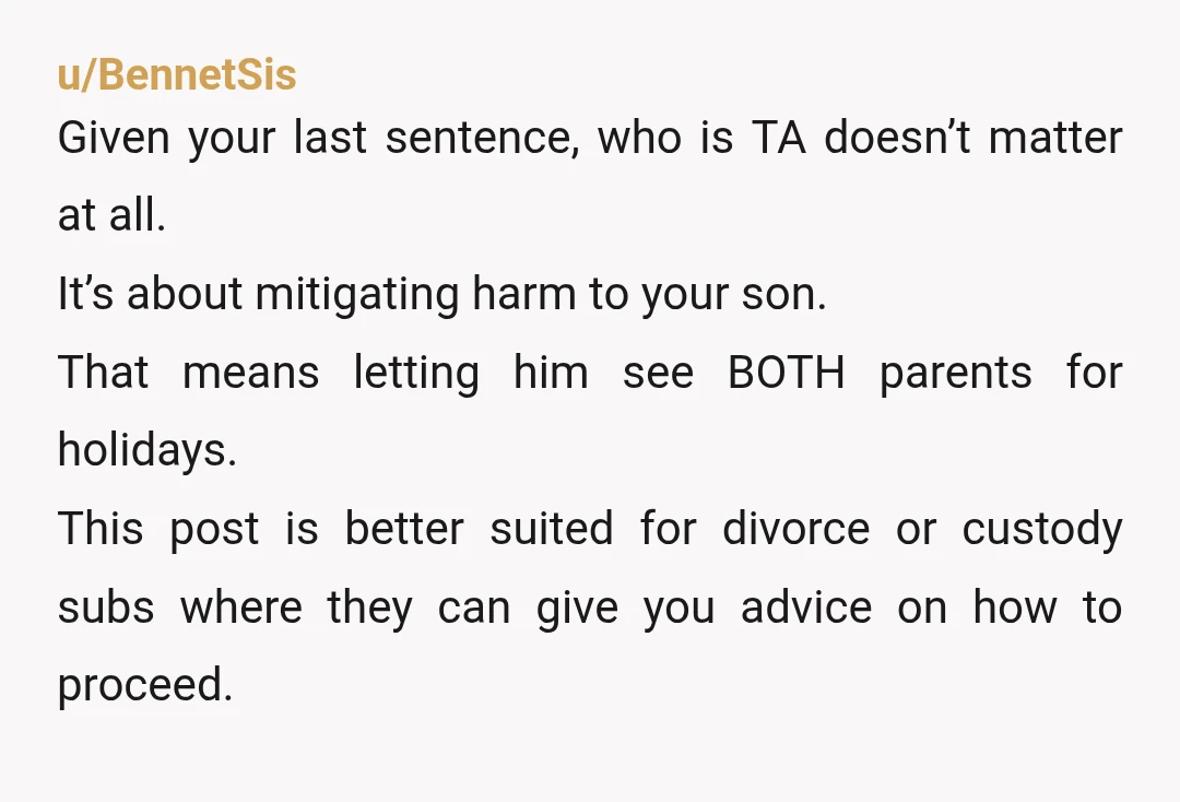 u/BennetSis Given your last sentence, who is TA doesn’t matter at all. It’s about mitigating harm to your son. That means letting him see BOTH parents for holidays. This post...