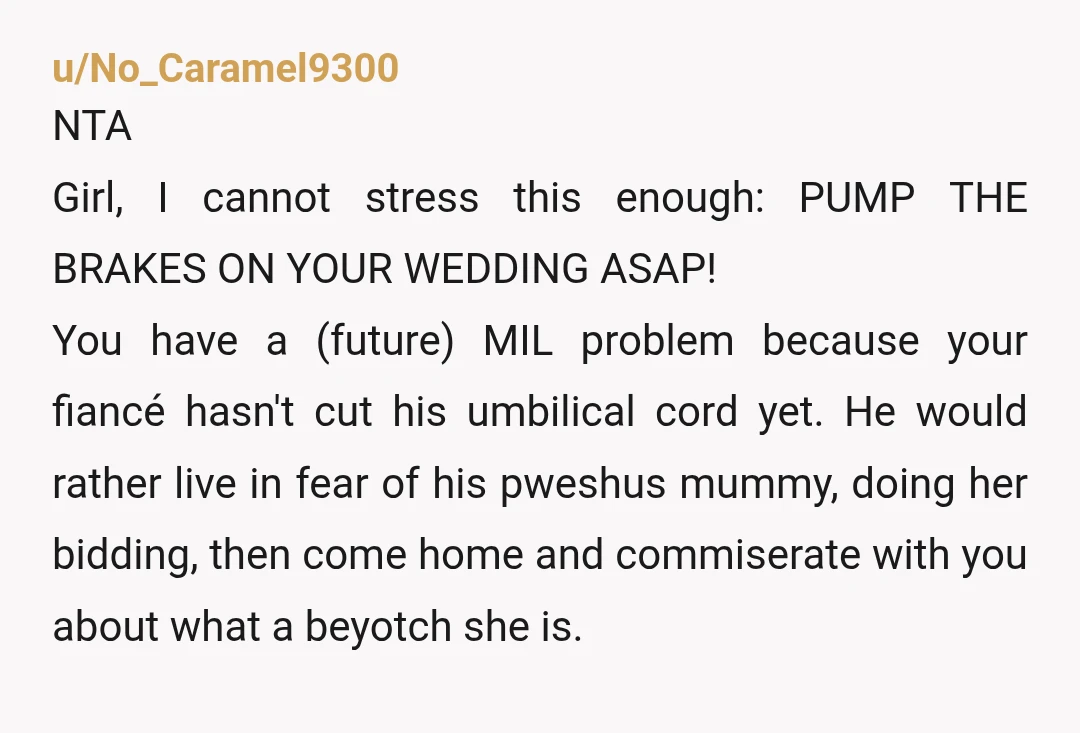 u/Agreeable-Badger2204
I wouldn’t marry a coward who can’t stand up to his mother and I’d tell him that.