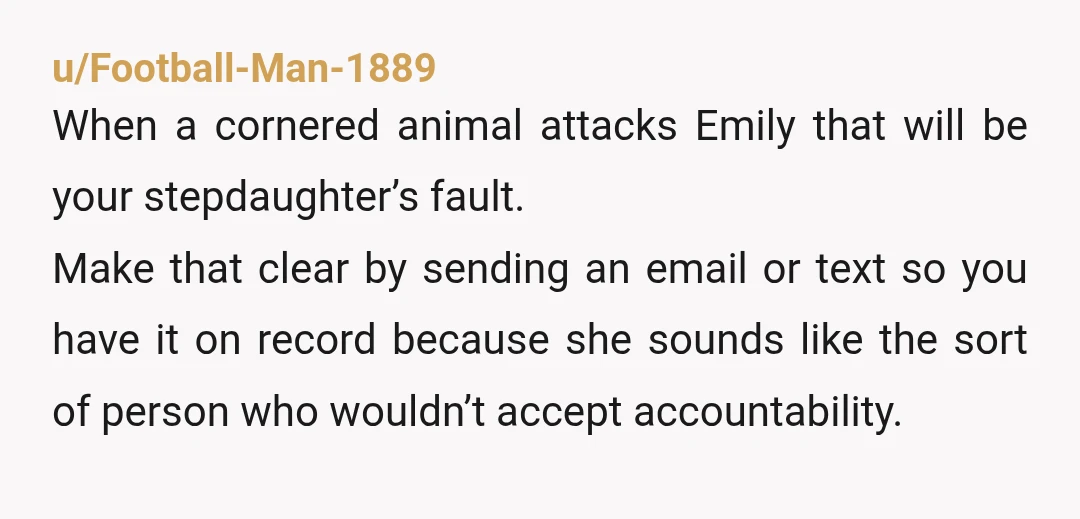 u/Football-Man-1889 When a cornered animal attacks Emily that will be your stepdaughter’s fault. Make that clear by sending an email or text so you have it on record because she...