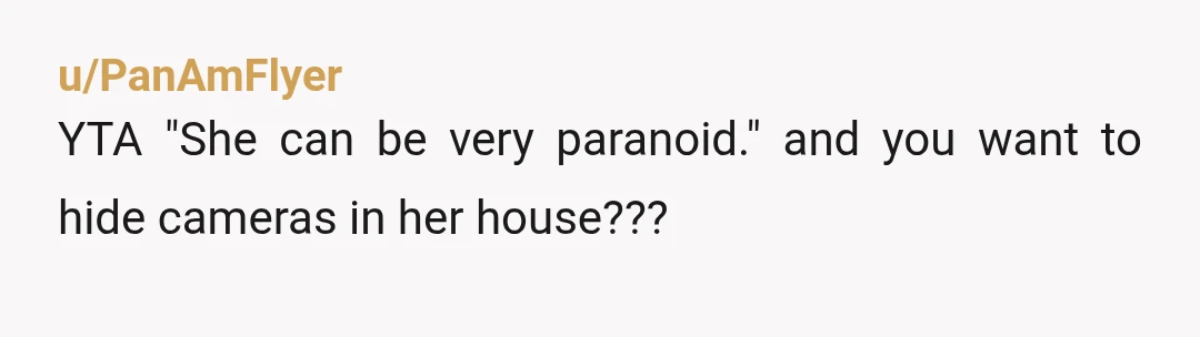 u/sleepy_brain_333 She's either a competent adult in which case putting a secret camera in her house is a super illegal and gross violation of her privacy or she's mentally unsound...