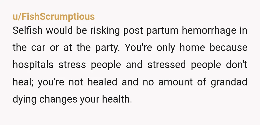 u/FishScrumptious Selfish would be risking post partum hemorrhage in the car or at the party.  You're only home because hospitals stress people and stressed people don't heal; you're not healed...