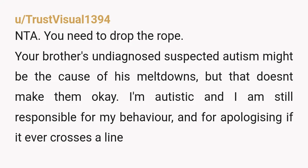 u/TrustVisual1394 NTA. You need to drop the rope. Your brother's undiagnosed suspected autism might be the cause of his meltdowns, but that doesnt make them okay. I'm autistic and I...