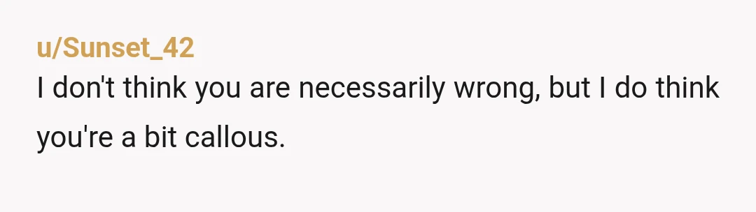 u/Sunset_42
I don't think you are necessarily wrong, but I do think you're a bit callous.