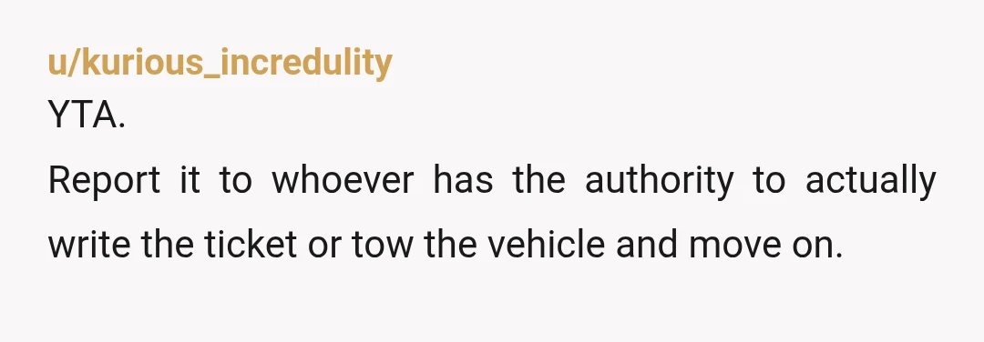 u/kurious_incredulity
YTA.
Report it to whoever has the authority to actually write the ticket or tow the vehicle and move on.