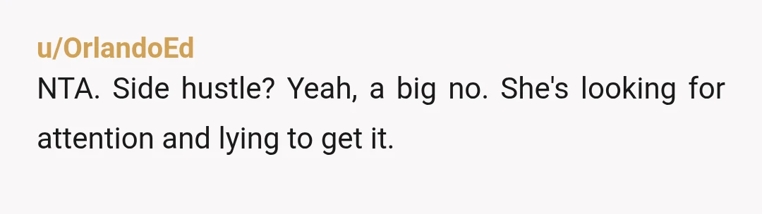 u/OrlandoEd
NTA. Side hustle? Yeah, a big no. She's looking for attention and lying to get it.