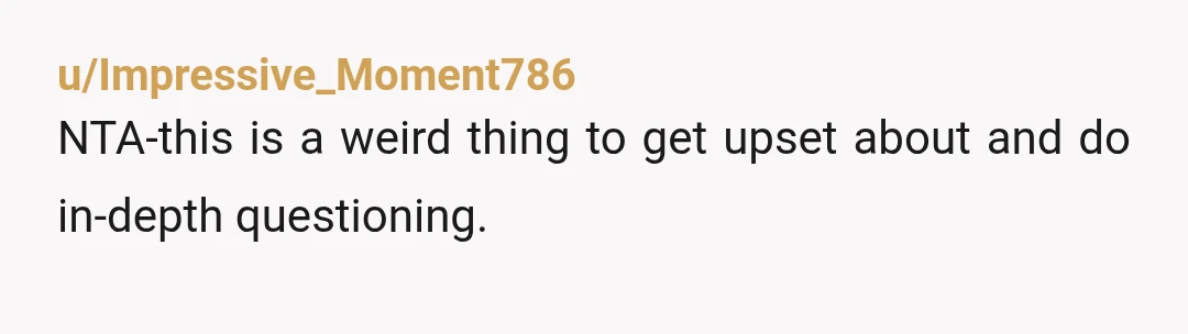 u/Impressive_Moment786
NTA-this is a weird thing to get upset about and do in-depth questioning.