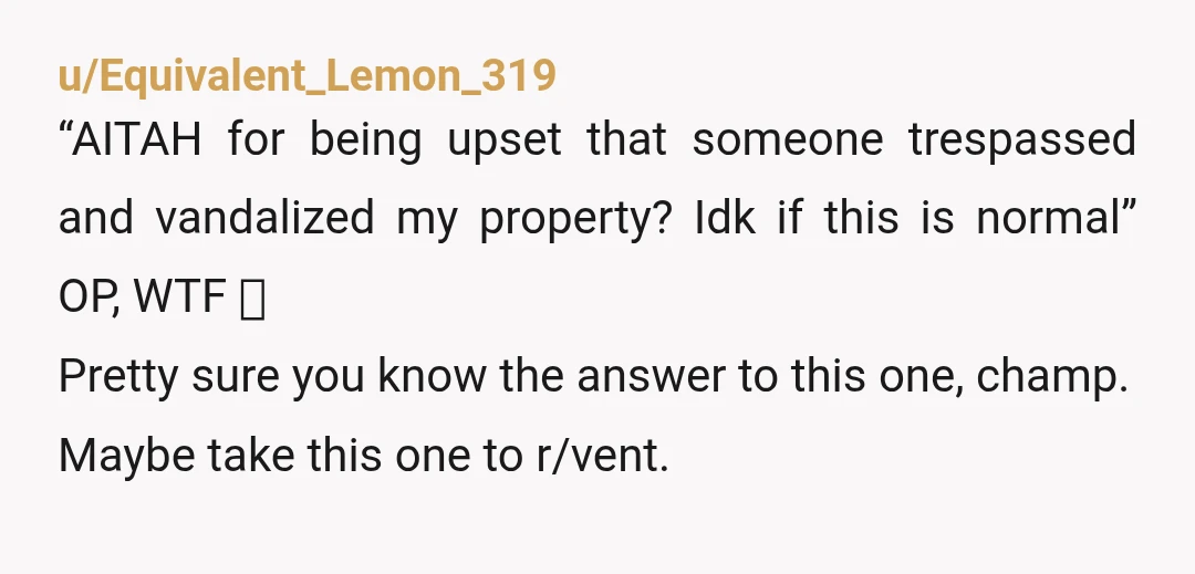 u/Equivalent_Lemon_319 “AITAH for being upset that someone trespassed and vandalized my property? Idk if this is normal” OP, WTF 🤦 Pretty sure you know the answer to this one, champ....