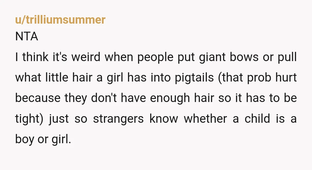 u/trilliumsummer NTA I think it's weird when people put giant bows or pull what little hair a girl has into pigtails (that prob hurt because they don't have enough hair...