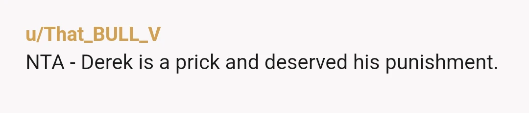 u/That_BULL_V
NTA - Derek is a prick and deserved his punishment.