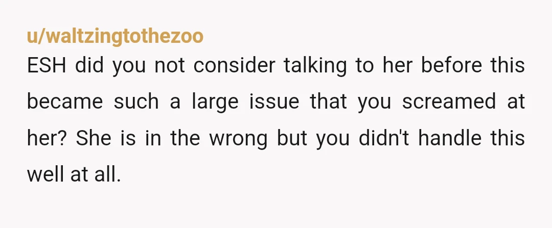 u/waltzingtothezoo ESH did you not consider talking to her before this became such a large issue that you screamed at her? She is in the wrong but you didn't handle...