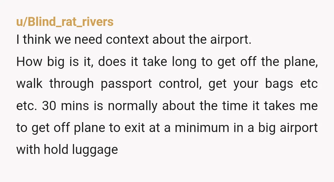 u/Blind_rat_rivers I think we need context about the airport. How big is it, does it take long to get off the plane, walk through passport control, get your bags etc...