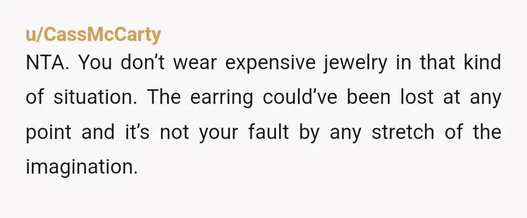 u/CassMcCarty NTA. You don’t wear expensive jewelry in that kind of situation. The earring could’ve been lost at any point and it’s not your fault by any stretch of the...