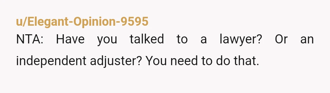u/Elegant-Opinion-9595
NTA: Have you talked to a lawyer? Or an independent adjuster? You need to do that.