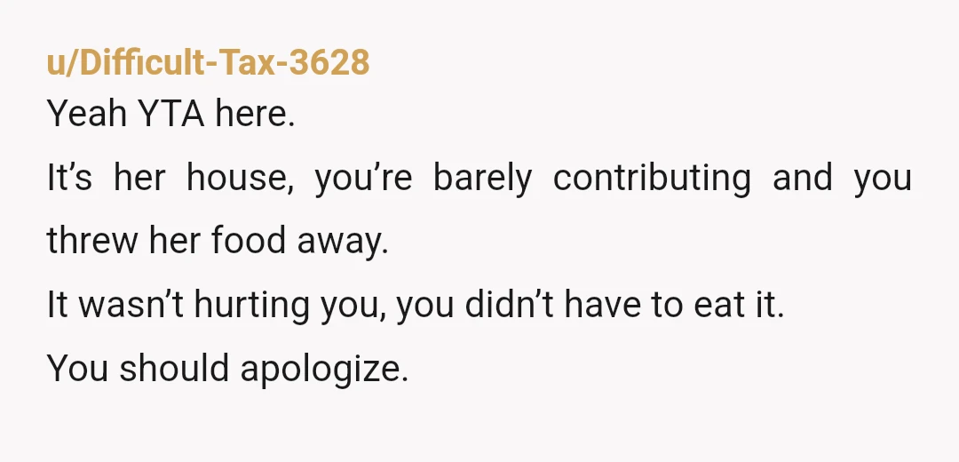 u/Difficult-Tax-3628
Yeah YTA here.
It’s her house, you’re barely contributing and you threw her food away.
It wasn’t hurting you, you didn’t have to eat it.
You should apologize.
