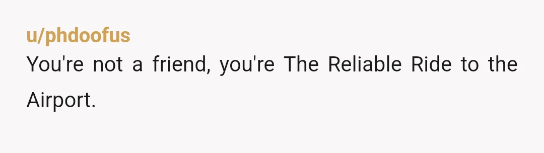 u/phdoofus
You're not a friend, you're The Reliable Ride to the Airport.