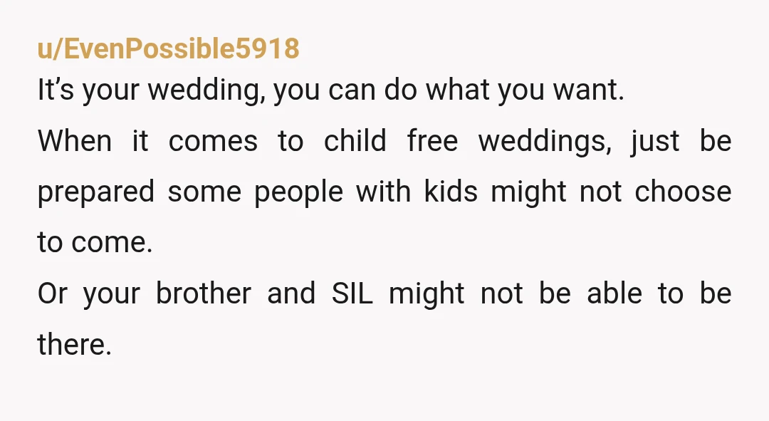 u/crackerfactorywheel Are you OK with your brother and SIL backing out of the wedding? Because that’s a likely possibility if you tell them their kids aren’t invited because of your...