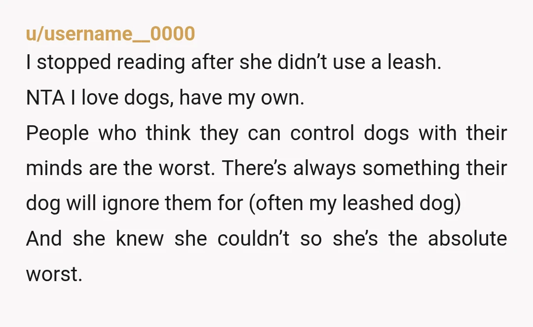 u/username__0000 I stopped reading after she didn’t use a leash. NTA I love dogs, have my own. People who think they can control dogs with their minds are the worst....