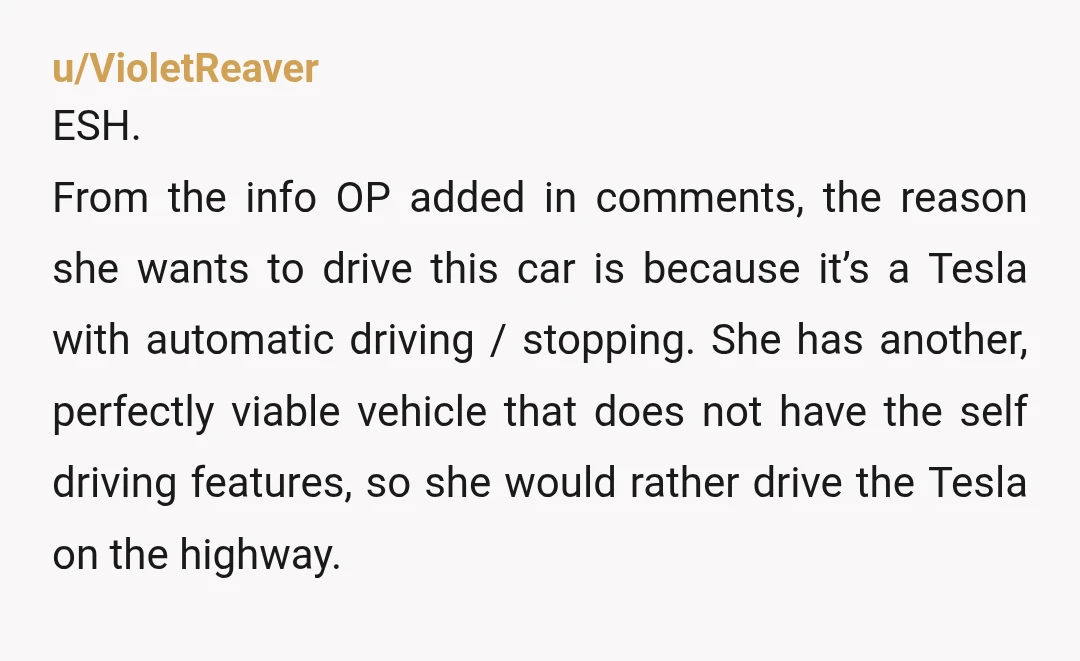 u/VioletReaver ESH. From the info OP added in comments, the reason she wants to drive this car is because it’s a Tesla with automatic driving / stopping. She has another,...
