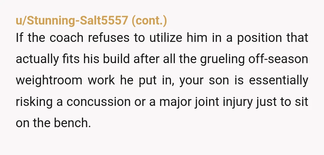 u/talladega-night There is no use continuing just to avoid quitting. If football doesn’t create value for him, he is better off picking up an activity that does. Would you encourage...