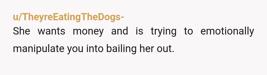 u/TheyreEatingTheDogs-
She wants money and is trying to emotionally manipulate you into bailing her out.