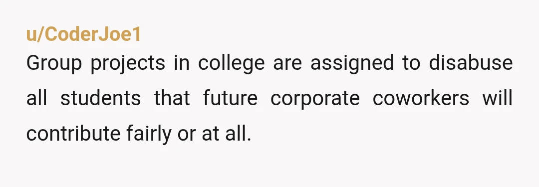 u/CoderJoe1
Group projects in college are assigned to disabuse all students that future corporate coworkers will contribute fairly or at all.