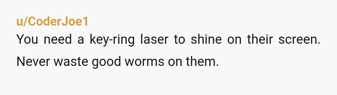 u/CoderJoe1
You need a key-ring laser to shine on their screen.  Never waste good worms on them.