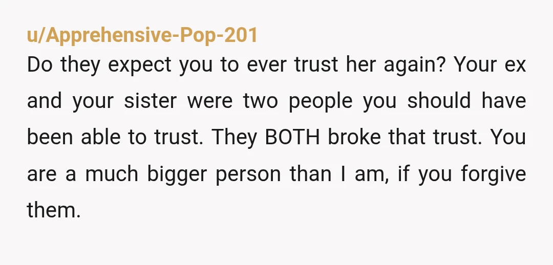 u/Apprehensive-Pop-201 Do they expect you to ever trust her again? Your ex and your sister were two people you should have been able to trust. They BOTH broke that trust....