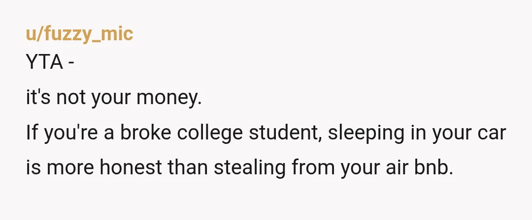 u/fuzzy_mic
YTA -
it's not your money.
If you're a broke college student, sleeping in your car is more honest than stealing from your air bnb.