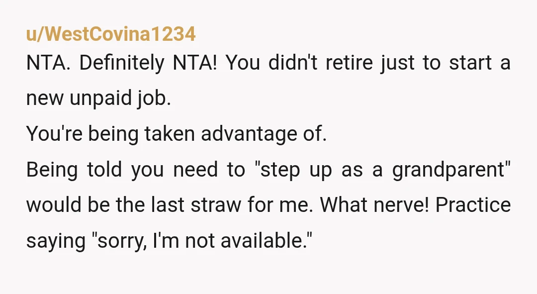 u/WestCovina1234 NTA. Definitely NTA! You didn't retire just to start a new unpaid job. You're being taken advantage of. Being told you need to "step up as a grandparent" would...