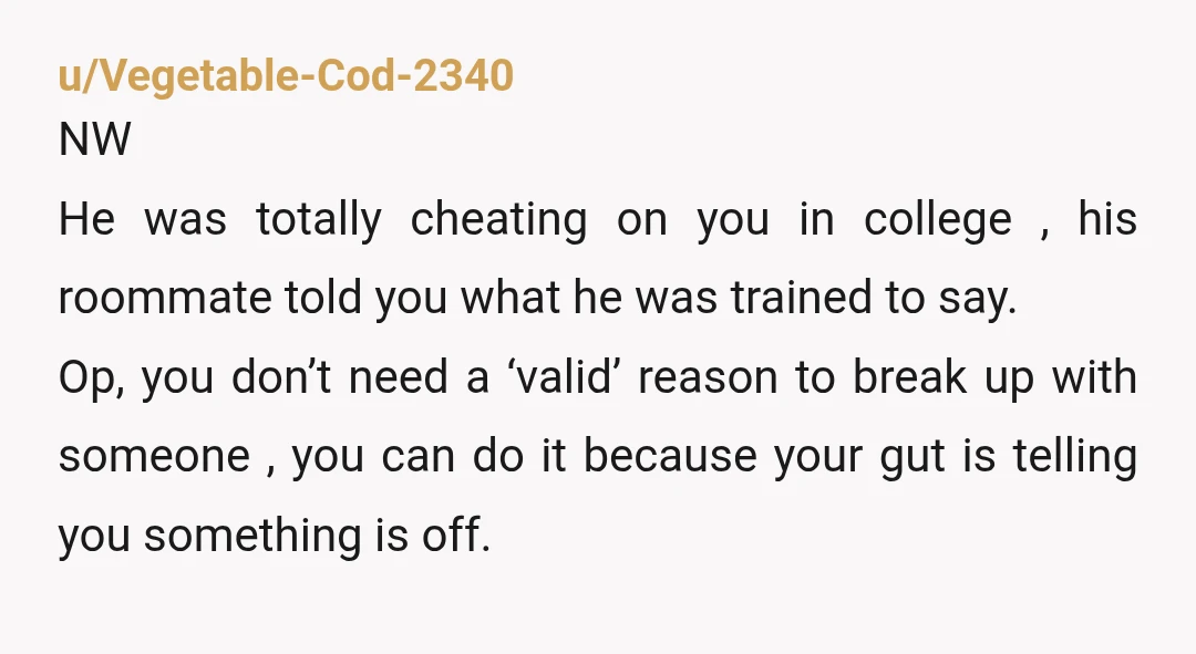 u/Vegetable-Cod-2340 NW He was totally cheating on you in college , his roommate told you what he was trained to say. Op, you don’t need a ‘valid’ reason to break...