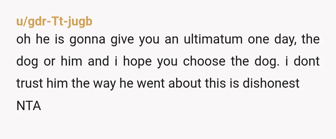 u/gdr-Tt-jugb oh he is gonna give you an ultimatum one day, the dog or him and i hope you choose the dog. i dont trust him the way he went...