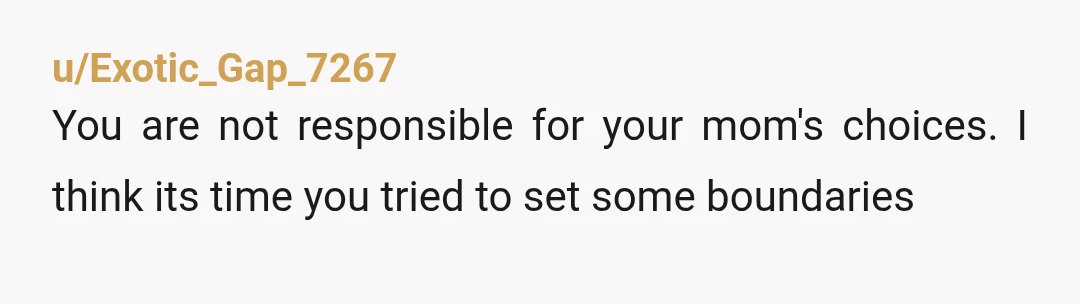 u/Eyelashestoolong
NTA you’re 100% right.
She made her choices, she has to live with the consequences.
You shouldn’t get punished for her mistakes