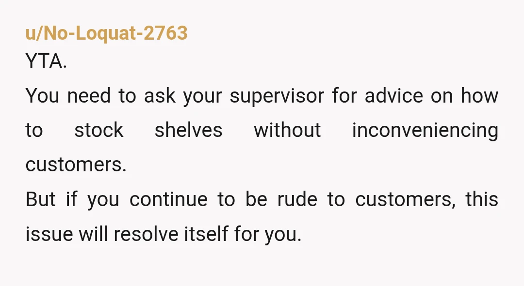 u/No-Loquat-2763 YTA. You need to ask your supervisor for advice on how to stock shelves without inconveniencing customers. But if you continue to be rude to customers, this issue will...