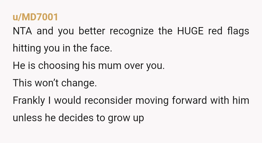 u/MD7001 NTA and you better recognize the HUGE red flags hitting you in the face. He is choosing his mum over you. This won’t change. Frankly I would reconsider moving...